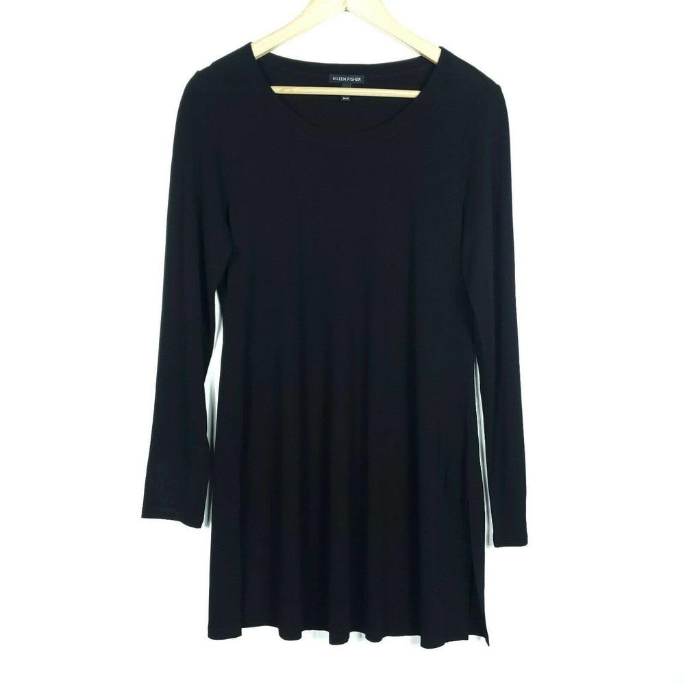 Eileen Fisher Womens Dress Medium Silk Black Long Sleeve Scoop Neck Pullover